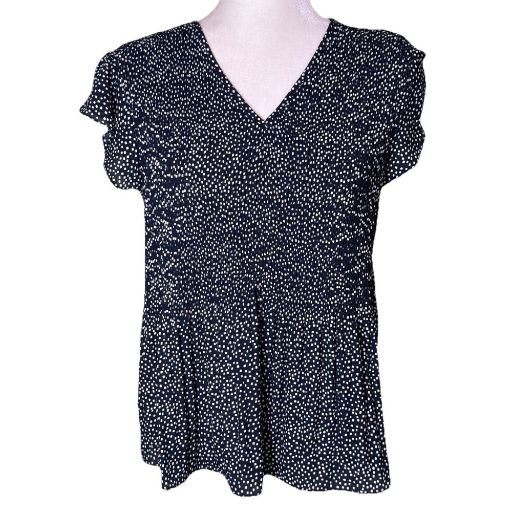 Women Navy Dot‎ Print V Neck Blouse Flowy Short Sleeve Casual Top Size Small NWT